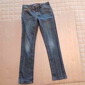 JUSTICE Mid Rise Skinny Girls blue jeans, size 12 with some gold stitching